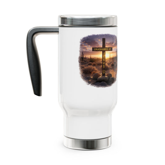 Christian Cross Travel Mug – 'Unashamed' Desert Sunrise 14oz Stainless Steel