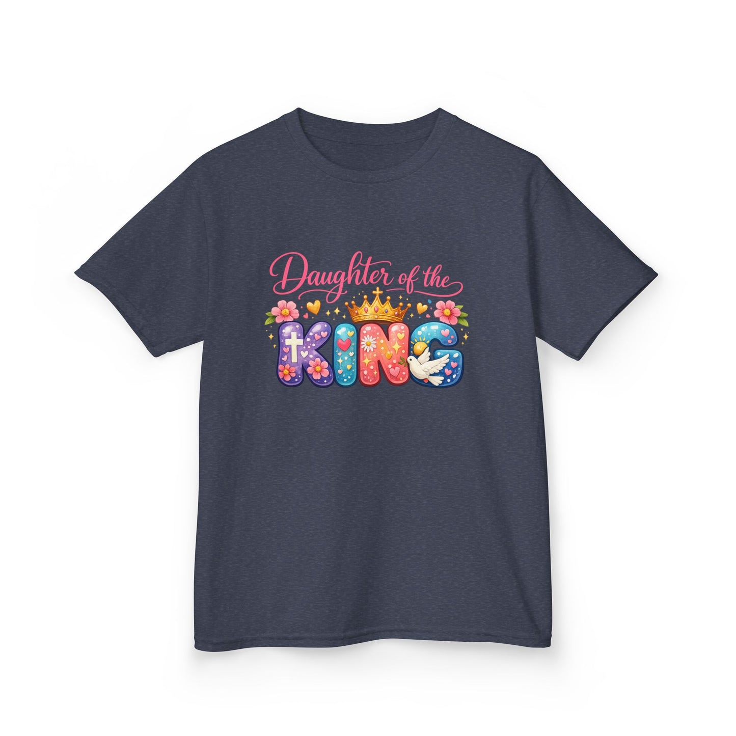Daughter of the King Kids Tee — Colorful Crowned Faith Shirt for Girls