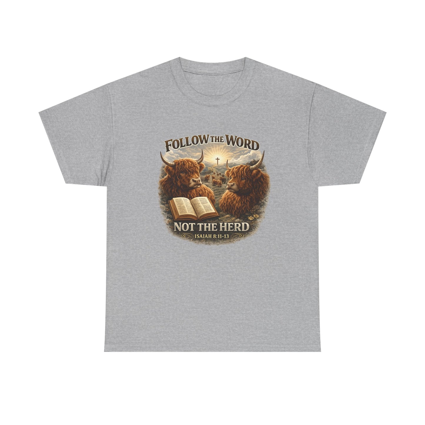 Christian Highland Cow T-Shirt — "Follow the Word Not the Herd" Bible Verse Tee