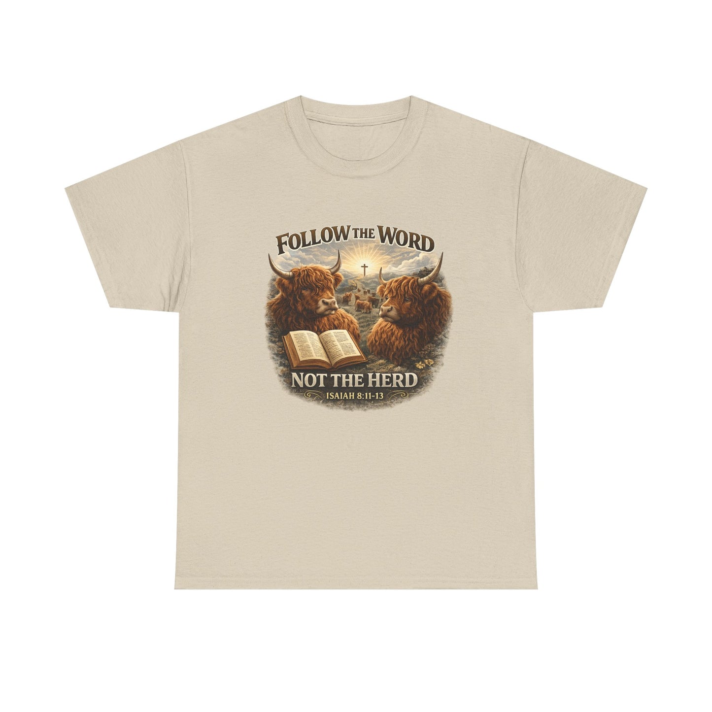 Christian Highland Cow T-Shirt — "Follow the Word Not the Herd" Bible Verse Tee