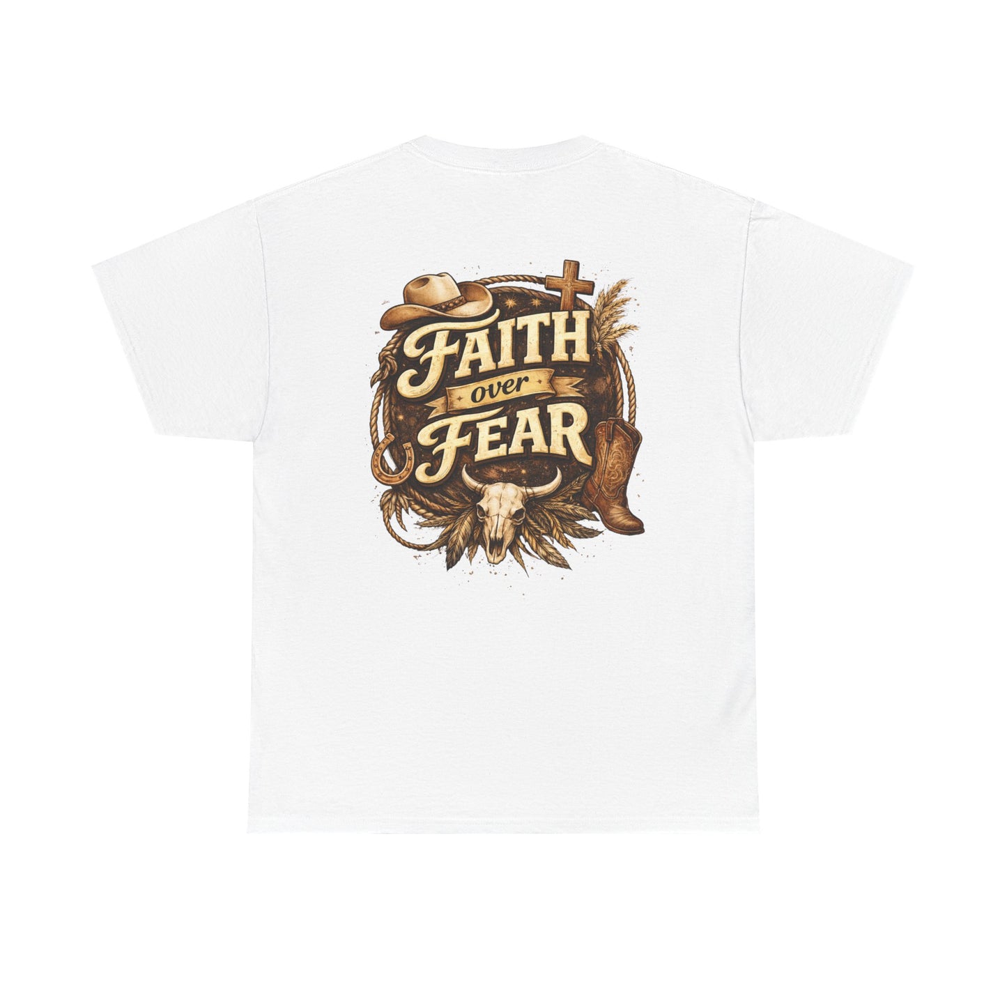 Faith Over Fear Tee — Western Cowboy Christian Shirt with Cross & Skull Design