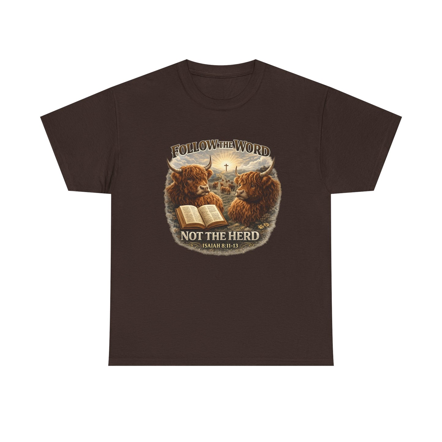 Christian Highland Cow T-Shirt — "Follow the Word Not the Herd" Bible Verse Tee