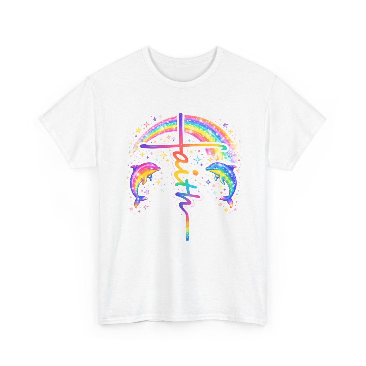 Faith Cross T-Shirt — Rainbow Cross & Dolphins Christian Tee