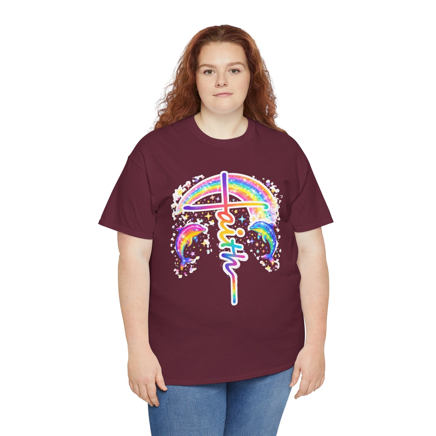 Faith Cross T-Shirt — Rainbow Cross & Dolphins Christian Tee