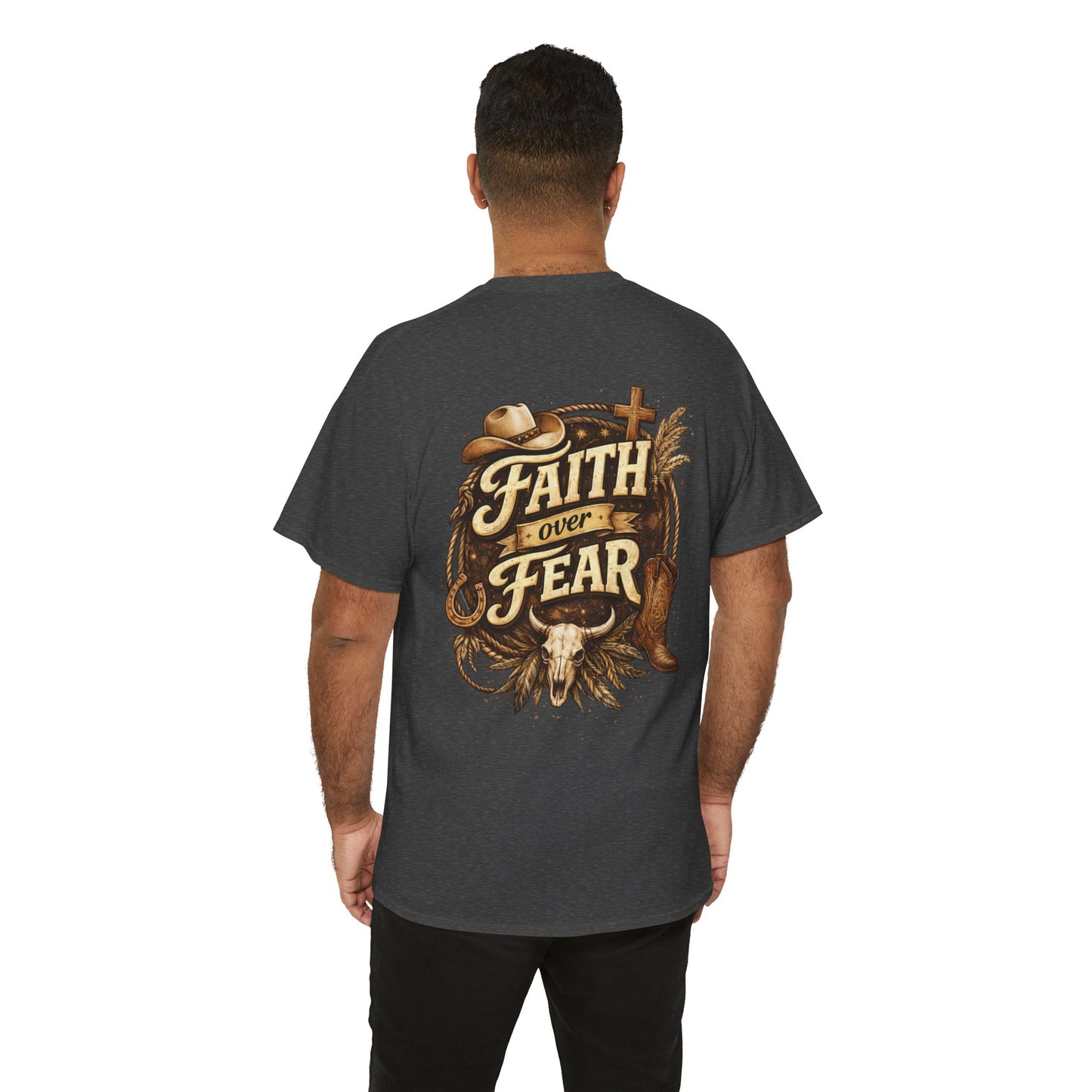 Faith Over Fear Tee — Western Cowboy Christian Shirt with Cross & Skull Design