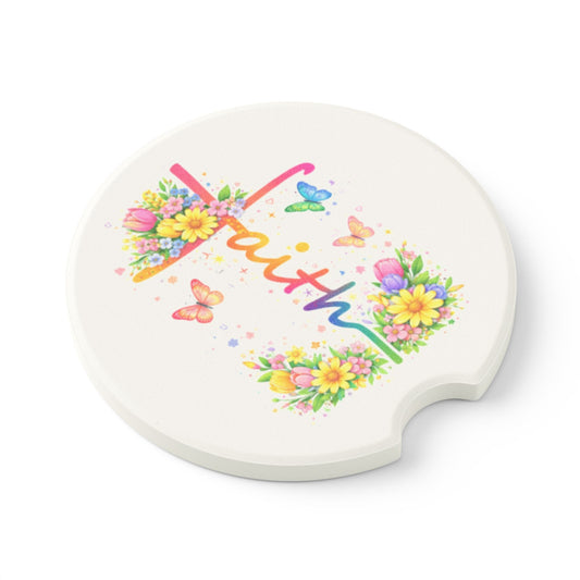 Faith Floral Car Coaster — Colorful Cross & Butterflies Soapstone Car Coaster