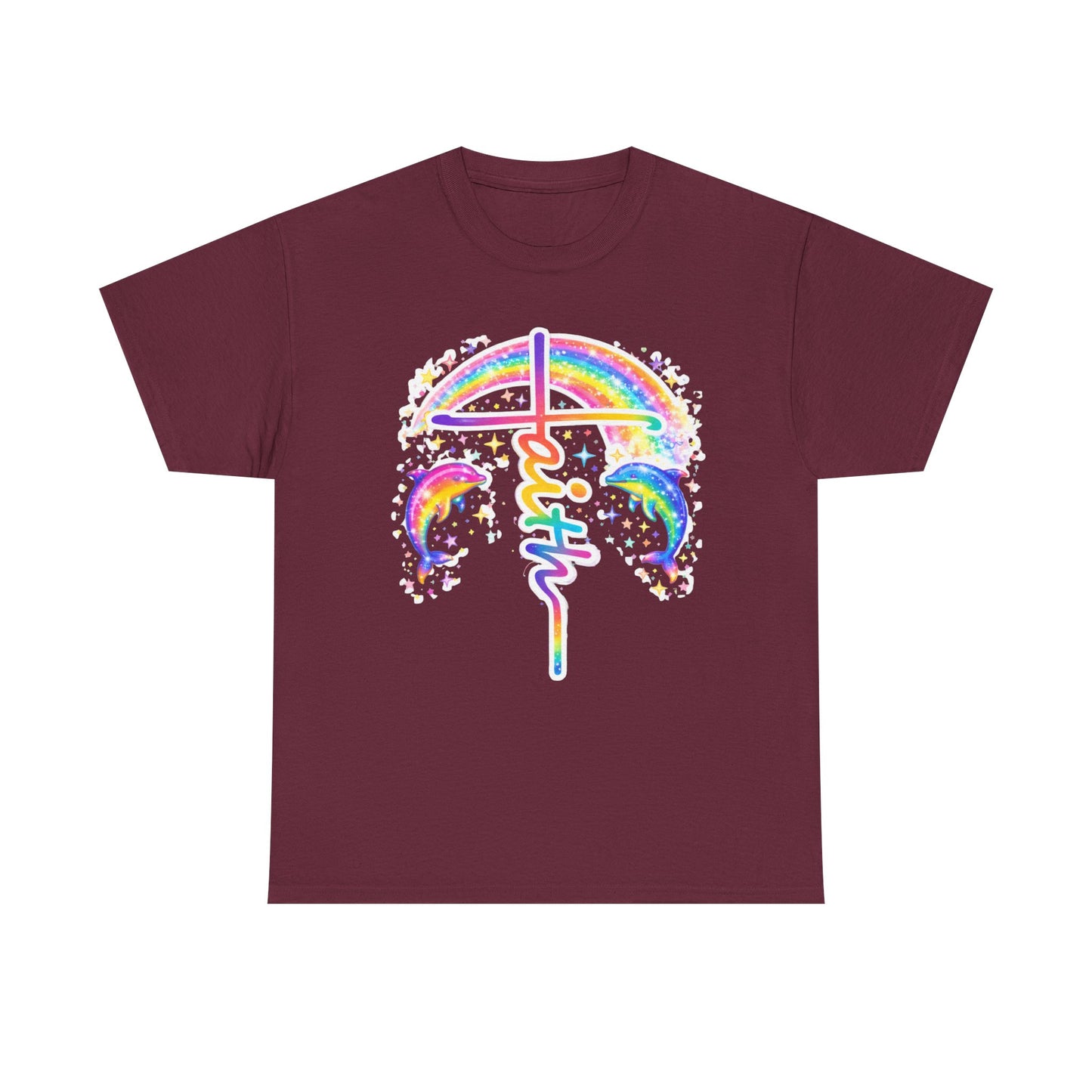 Faith Cross T-Shirt — Rainbow Cross & Dolphins Christian Tee