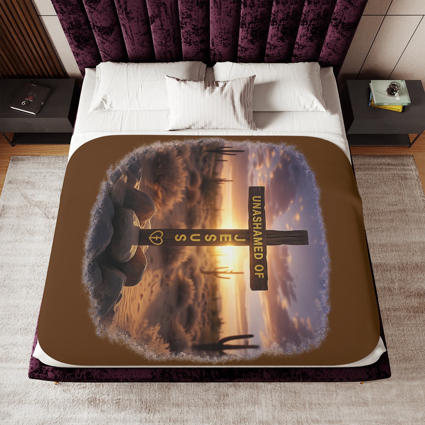 Christian Sherpa Blanket – 'Unashamed of Jesus' Cross Sunset Cozy Throw