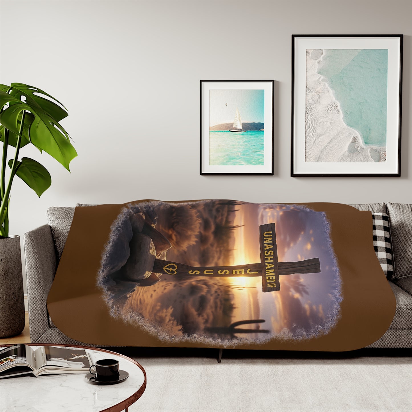 Christian Sherpa Blanket – 'Unashamed of Jesus' Cross Sunset Cozy Throw