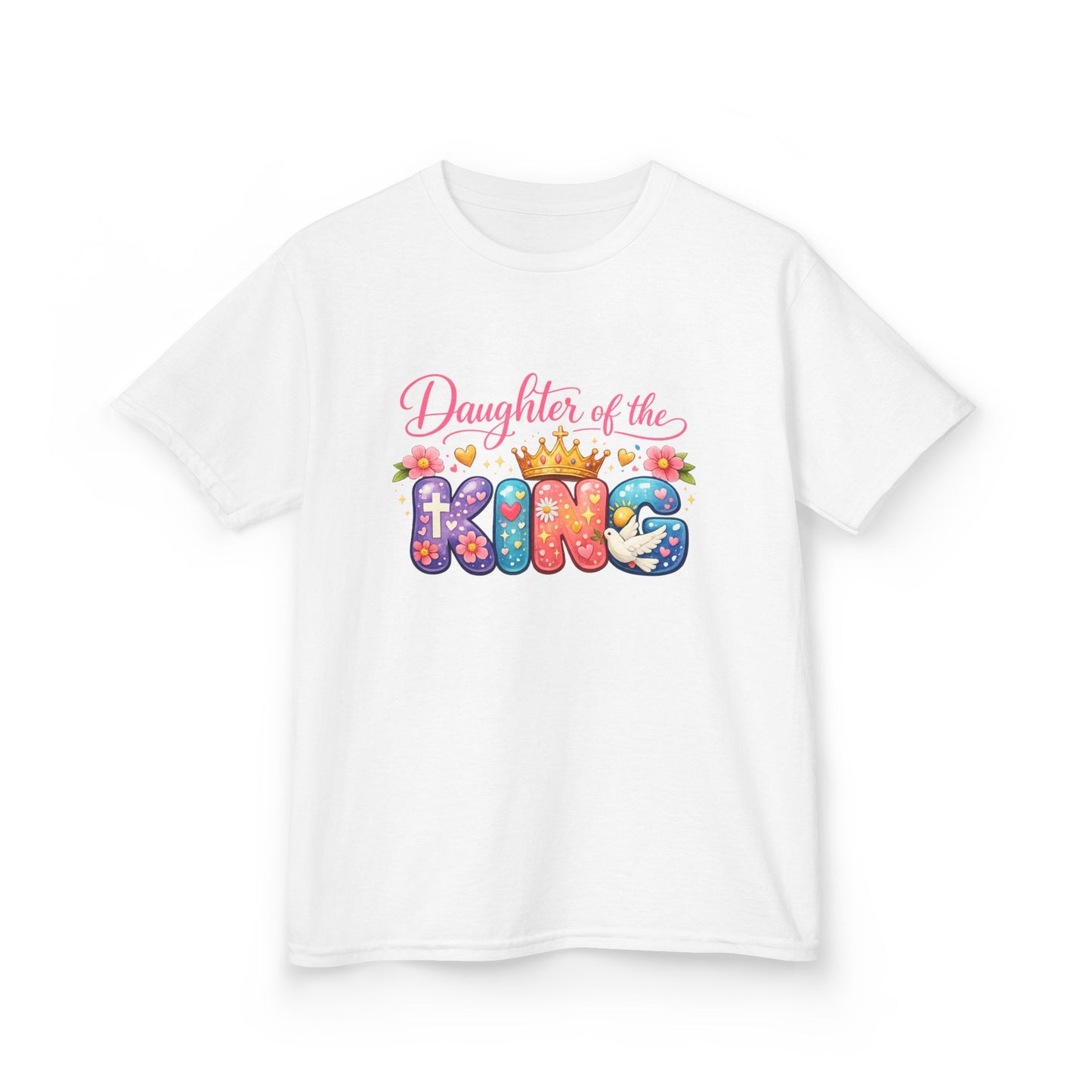 Daughter of the King Kids Tee — Colorful Crowned Faith Shirt for Girls