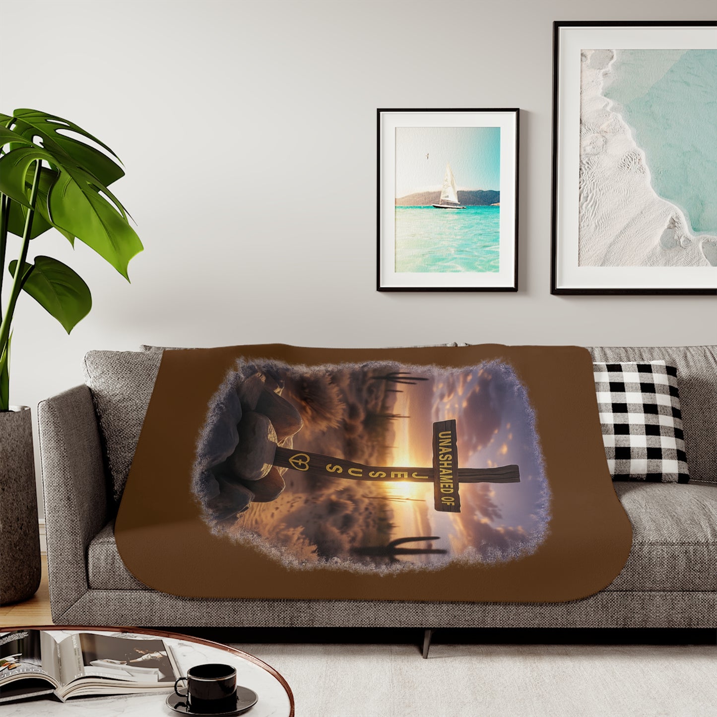 Christian Sherpa Blanket – 'Unashamed of Jesus' Cross Sunset Cozy Throw
