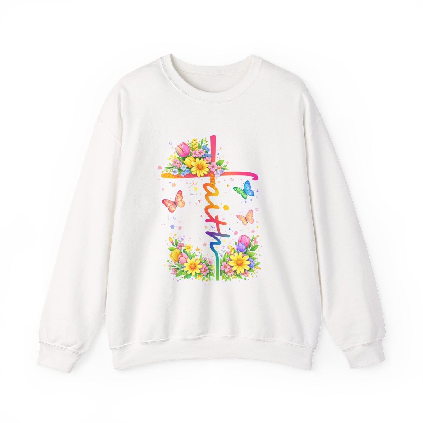 Faith Floral Crewneck Sweatshirt — Pastel Cross, Butterflies & Spring Flowers