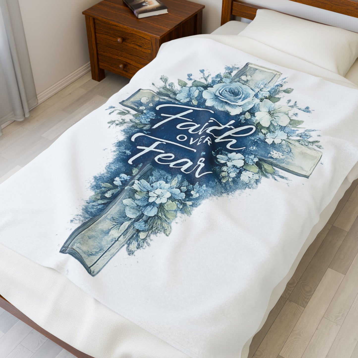 Faith Over Fear Velveteen Plush Blanket — Religious Cross Floral Throw