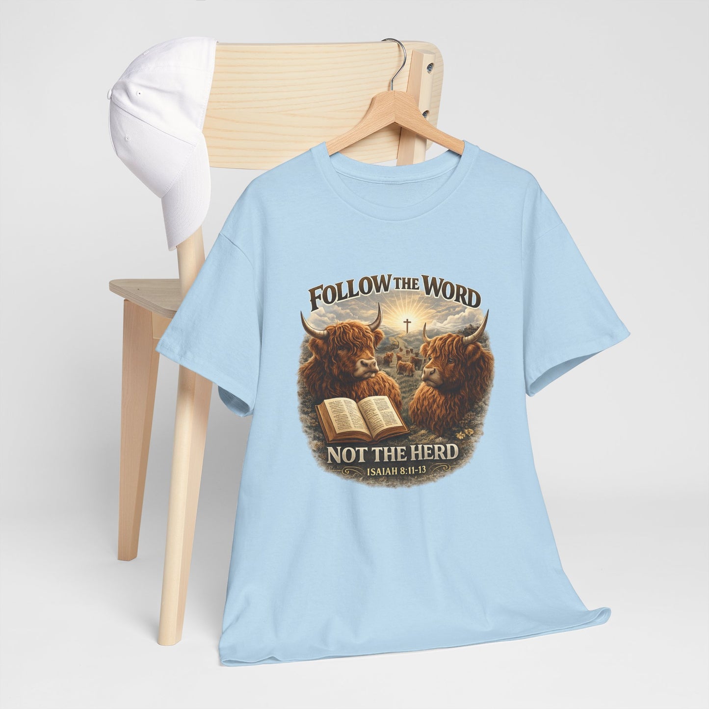 Christian Highland Cow T-Shirt — "Follow the Word Not the Herd" Bible Verse Tee