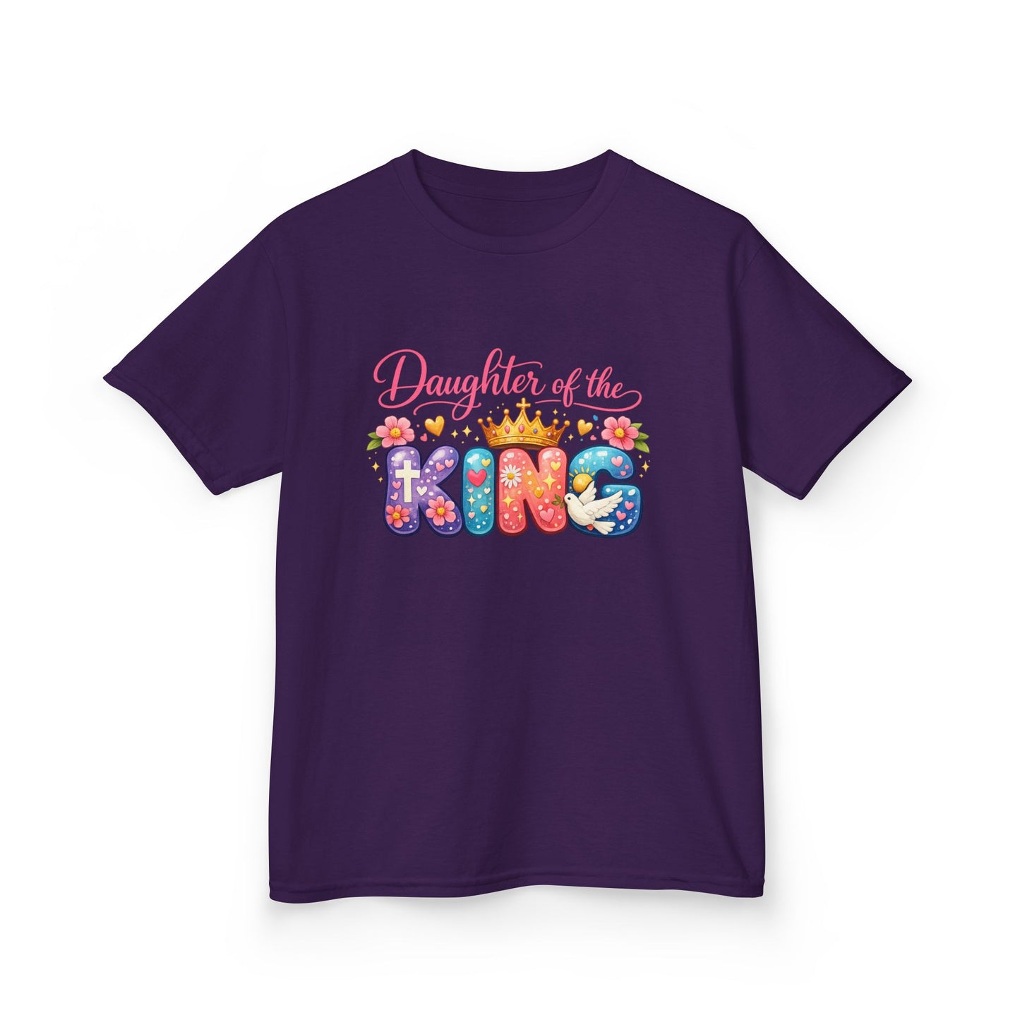 Daughter of the King Kids Tee — Colorful Crowned Faith Shirt for Girls