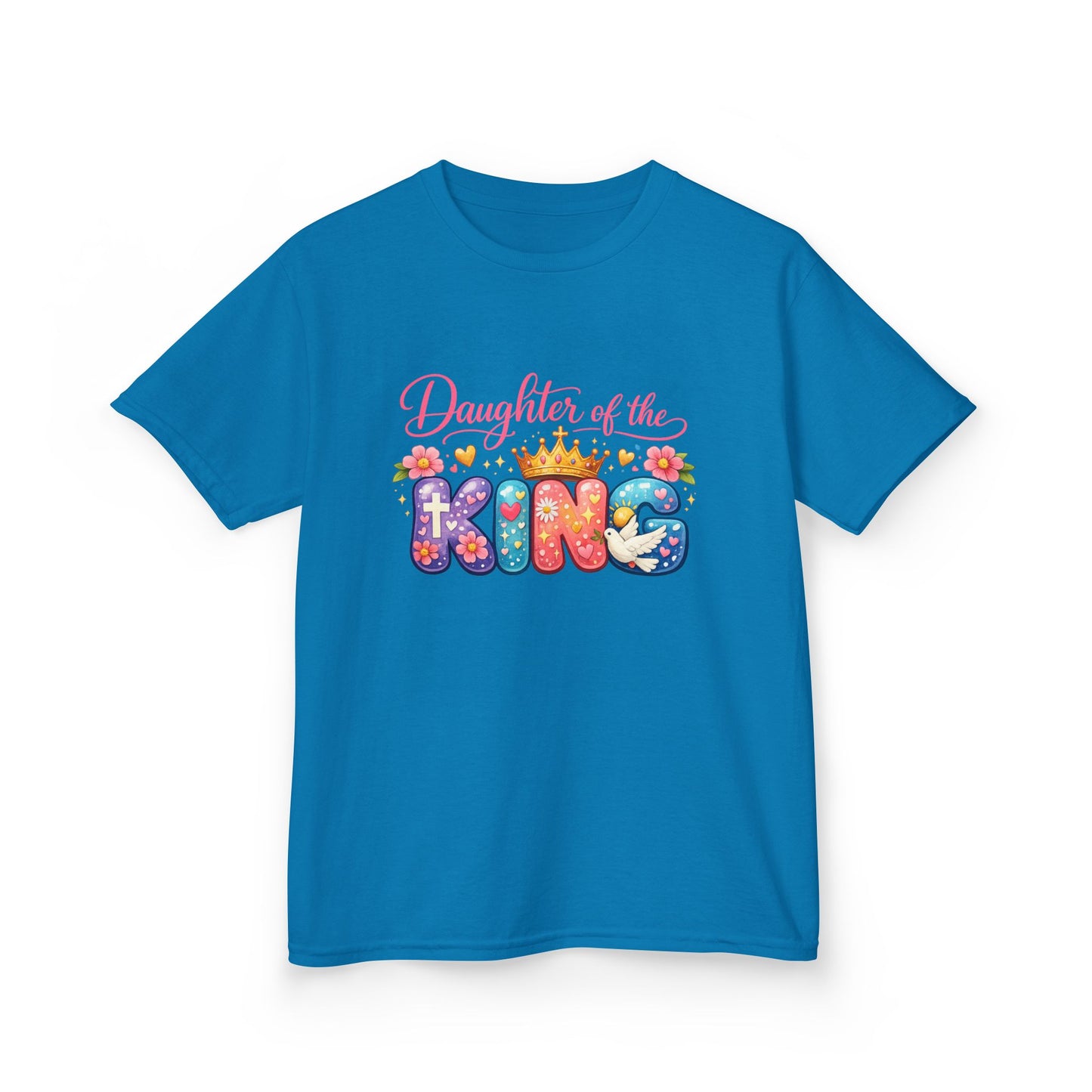 Daughter of the King Kids Tee — Colorful Crowned Faith Shirt for Girls