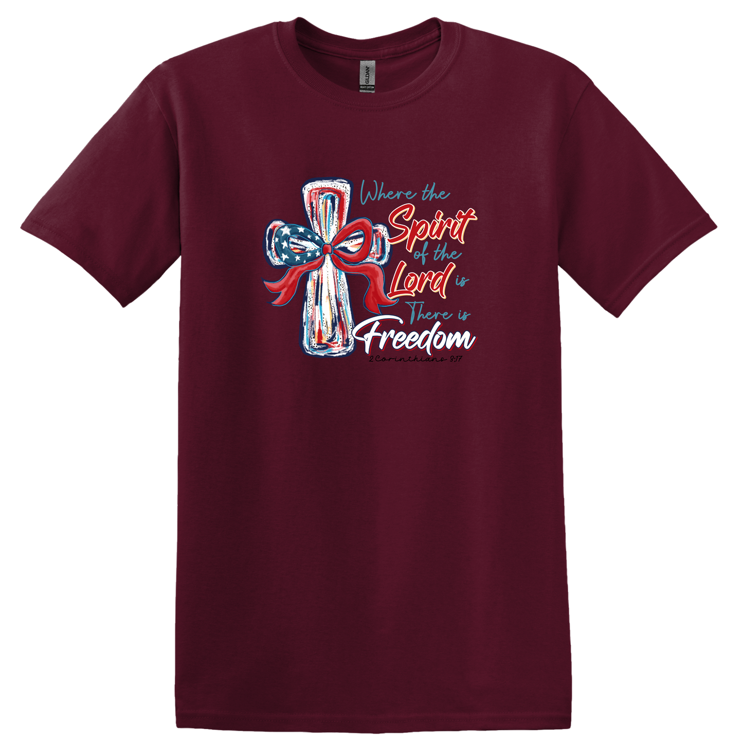 Gilden "Where the Spirit of the Lord is there is Freedom" cross t-shirt 4th of July Memorial Day Veterans Day