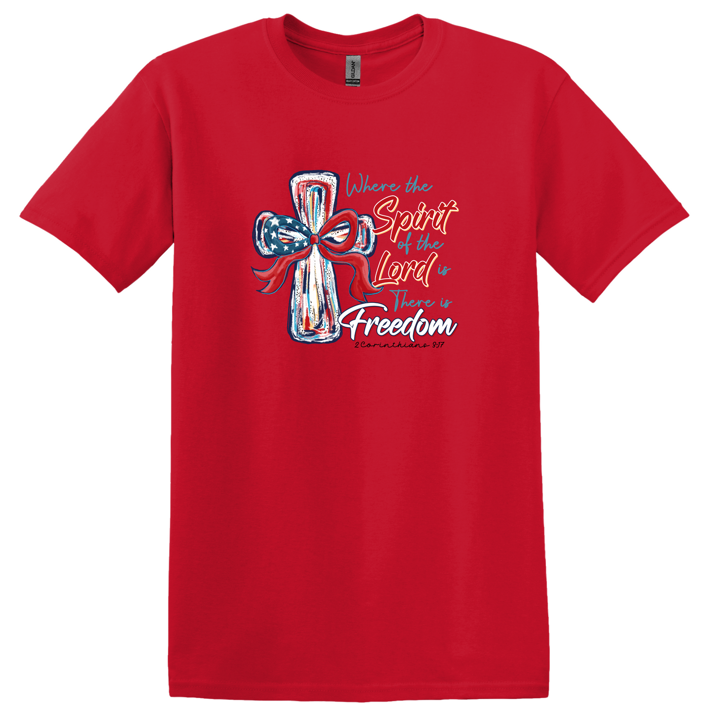 Gilden "Where the Spirit of the Lord is there is Freedom" cross t-shirt 4th of July Memorial Day Veterans Day