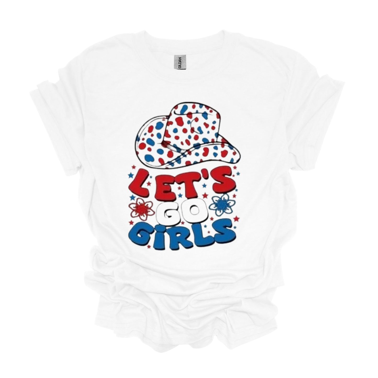 Gilden Let's Go Girls Red and Blue Splattered T-shirt 4th of July Vetrans Day Labor Day Memorial Day