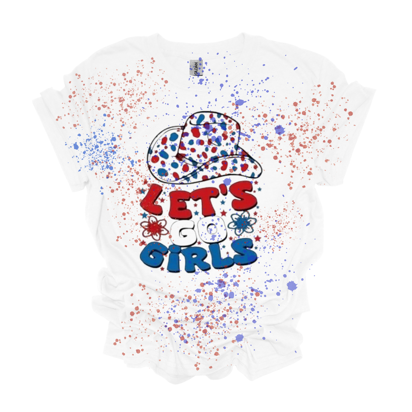 Gilden Let's Go Girls Red and Blue Splattered T-shirt 4th of July Vetrans Day Labor Day Memorial Day
