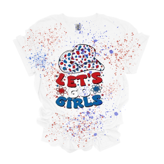 Gilden Let's Go Girls Red and Blue Splattered T-shirt 4th of July Vetrans Day Labor Day Memorial Day