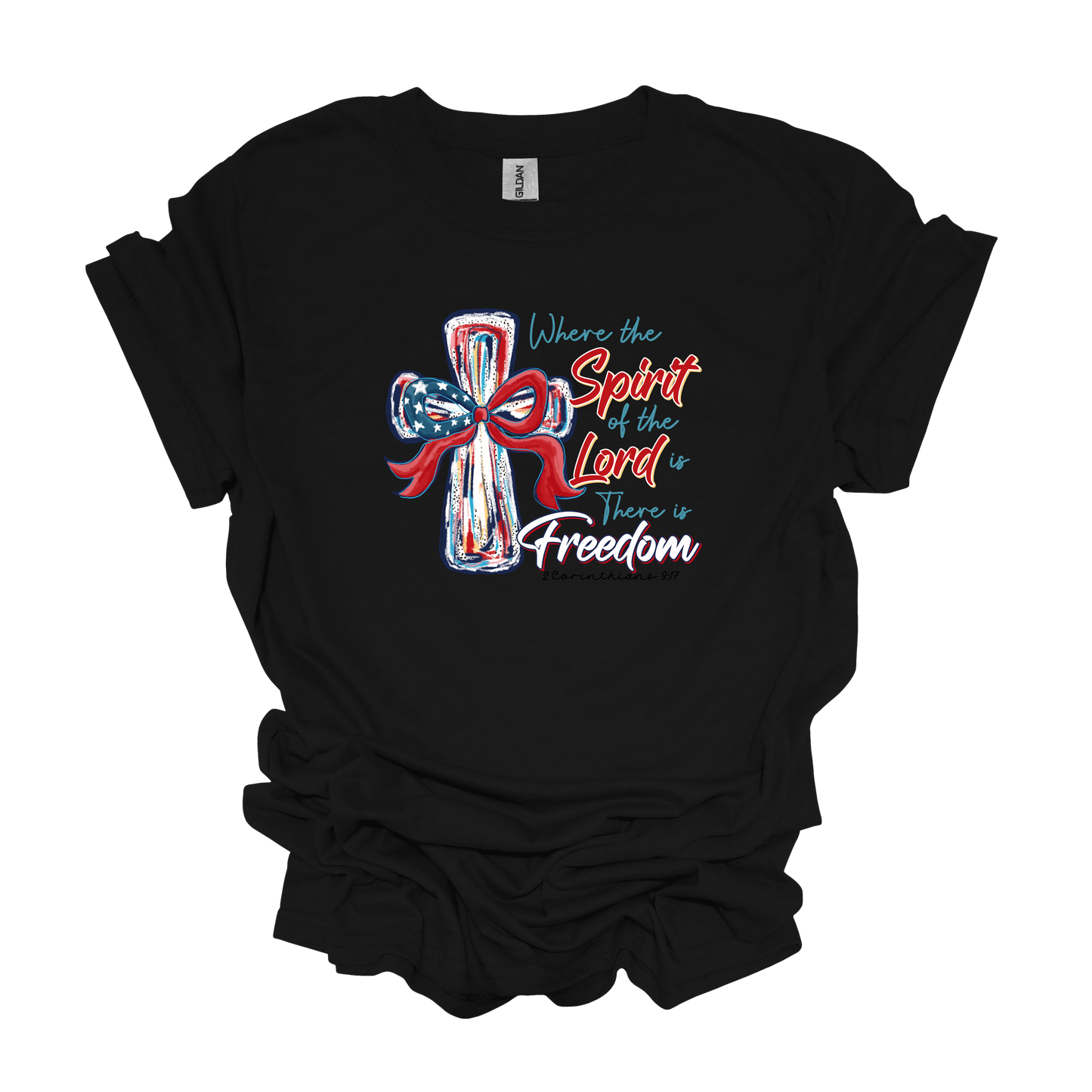 Gilden "Where the Spirit of the Lord is there is Freedom" cross t-shirt 4th of July Memorial Day Veterans Day