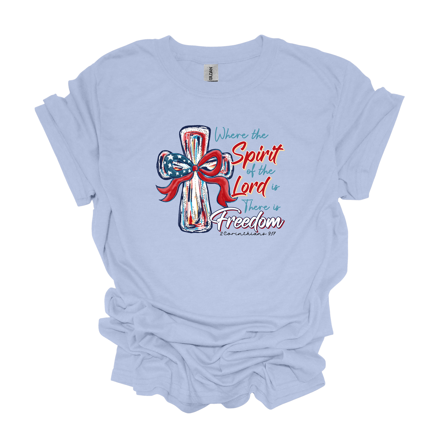 Gilden "Where the Spirit of the Lord is there is Freedom" cross t-shirt 4th of July Memorial Day Veterans Day