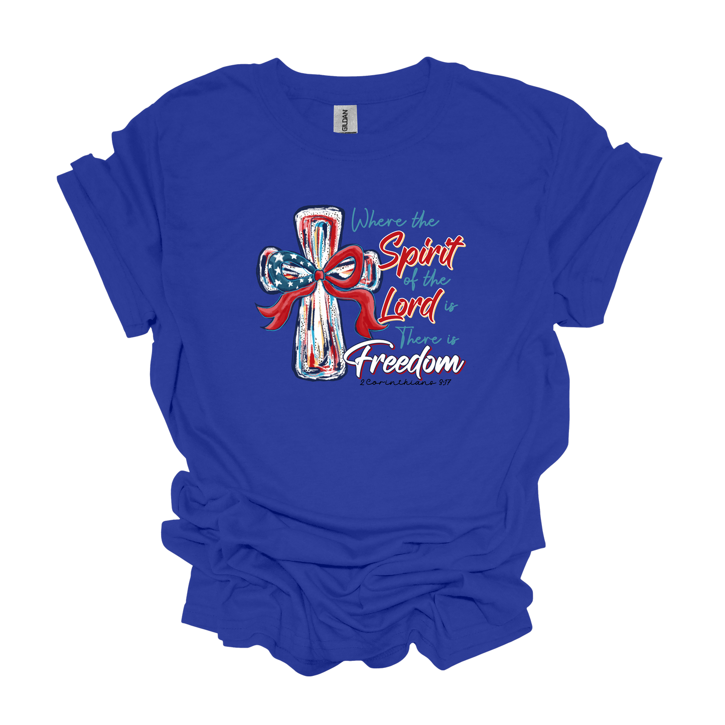 Gilden "Where the Spirit of the Lord is there is Freedom" cross t-shirt 4th of July Memorial Day Veterans Day