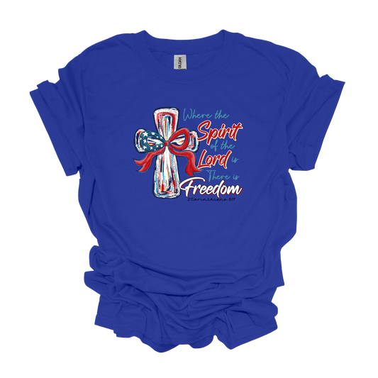 Gilden "Where the Spirit of the Lord is there is Freedom" cross t-shirt 4th of July Memorial Day Veterans Day